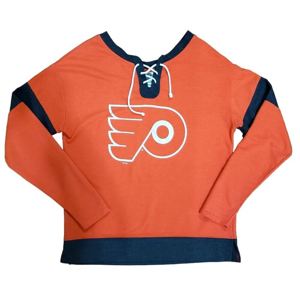 Philadelphia Flyers Jersey Sweatshirt Silver‎ Logo Lace-Up Open V-Neck Womens M